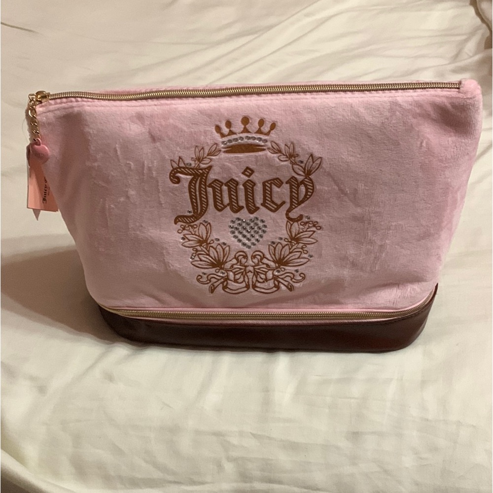 Juicy Couture Pink and Brown Travel Cosmetic Bag with Velour Texture